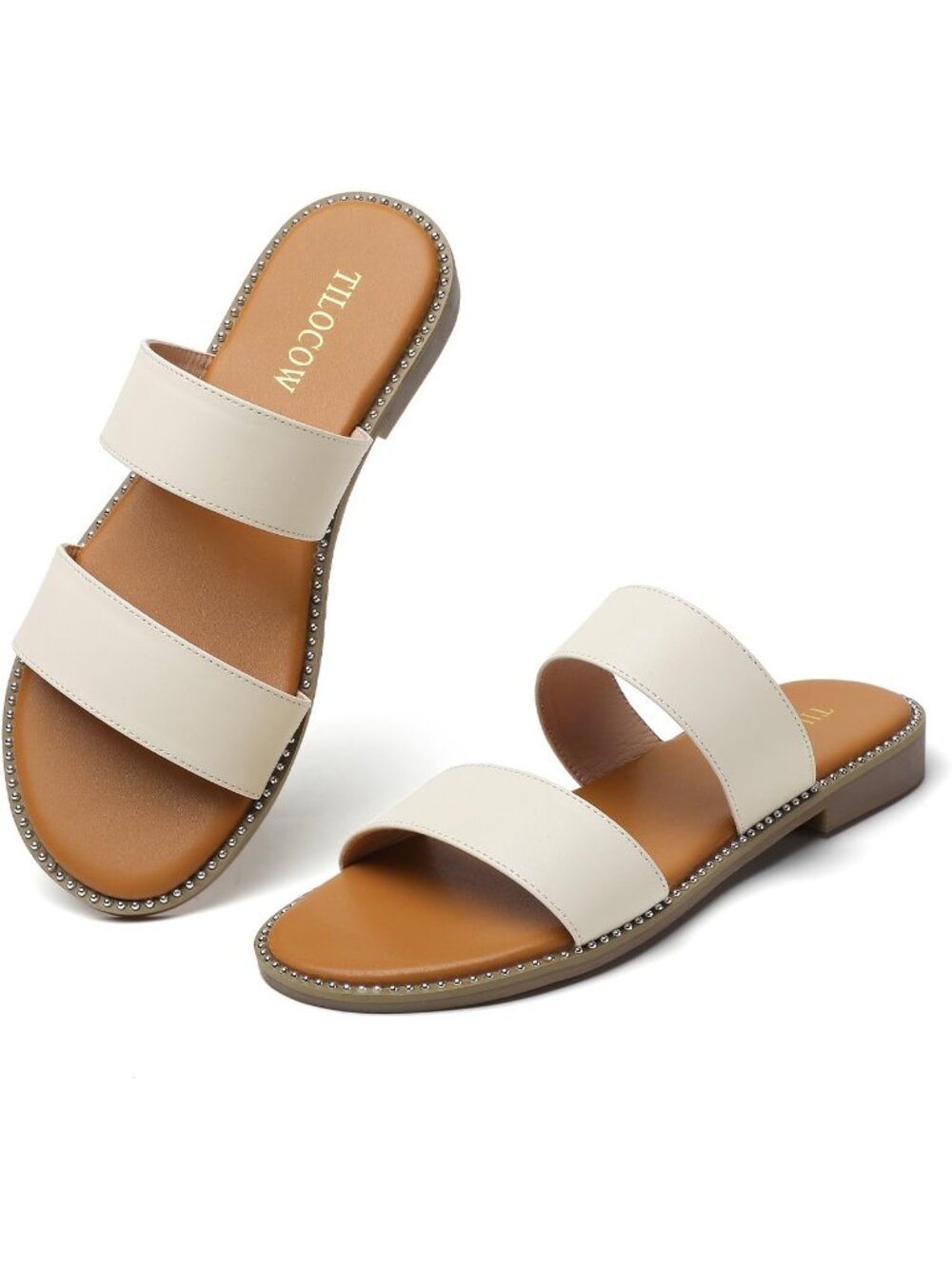 Women's Light Beige Lightweight Double Straps Rivet Trim Slides Flat Sandals